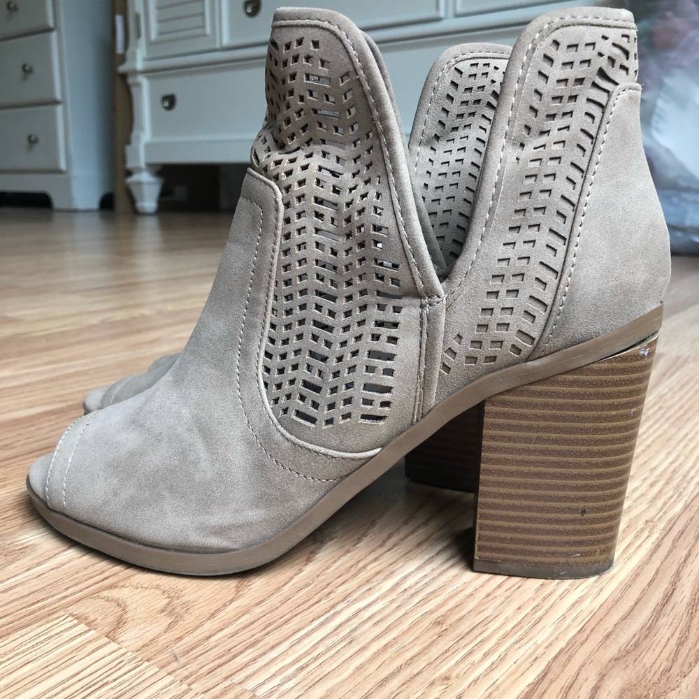 Soda open toe booties. Grayish-taupe color.